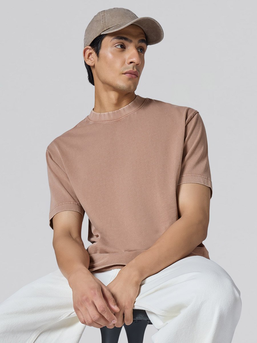 Men Brown Cotton Acid Wash T-Shirt