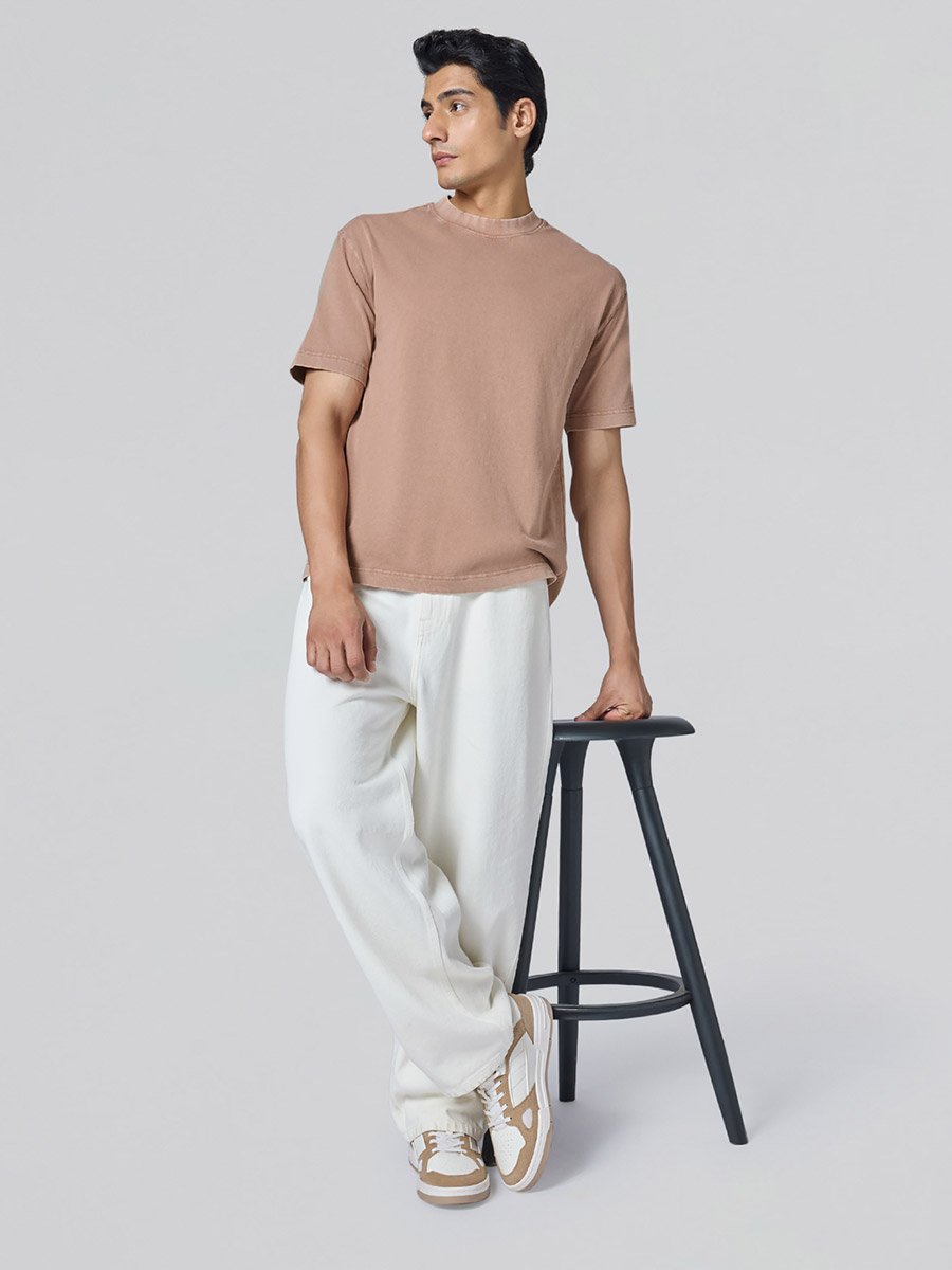 Men Brown Cotton Acid Wash T-Shirt