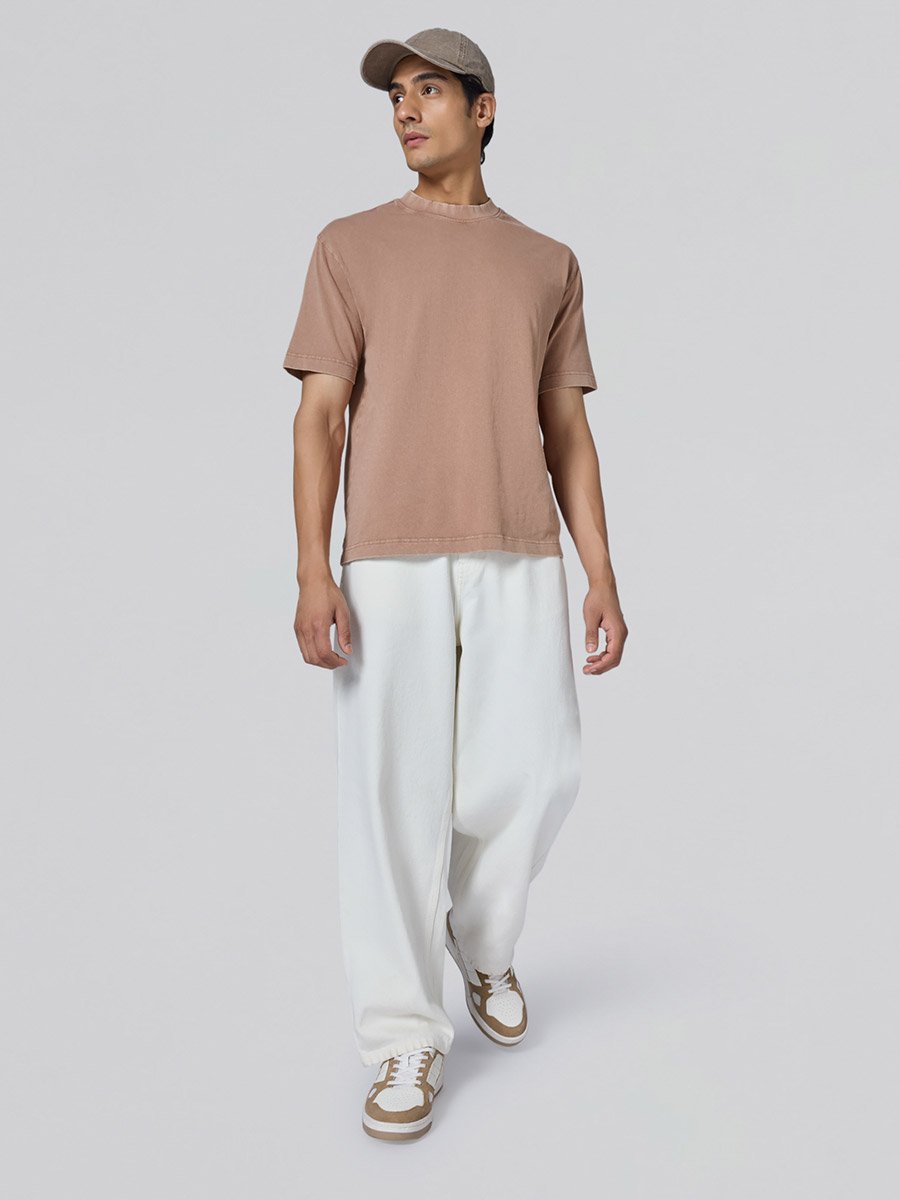 Men Brown Cotton Acid Wash T-Shirt