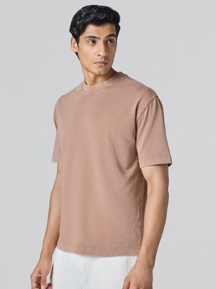 Men Brown Cotton Acid Wash T-Shirt