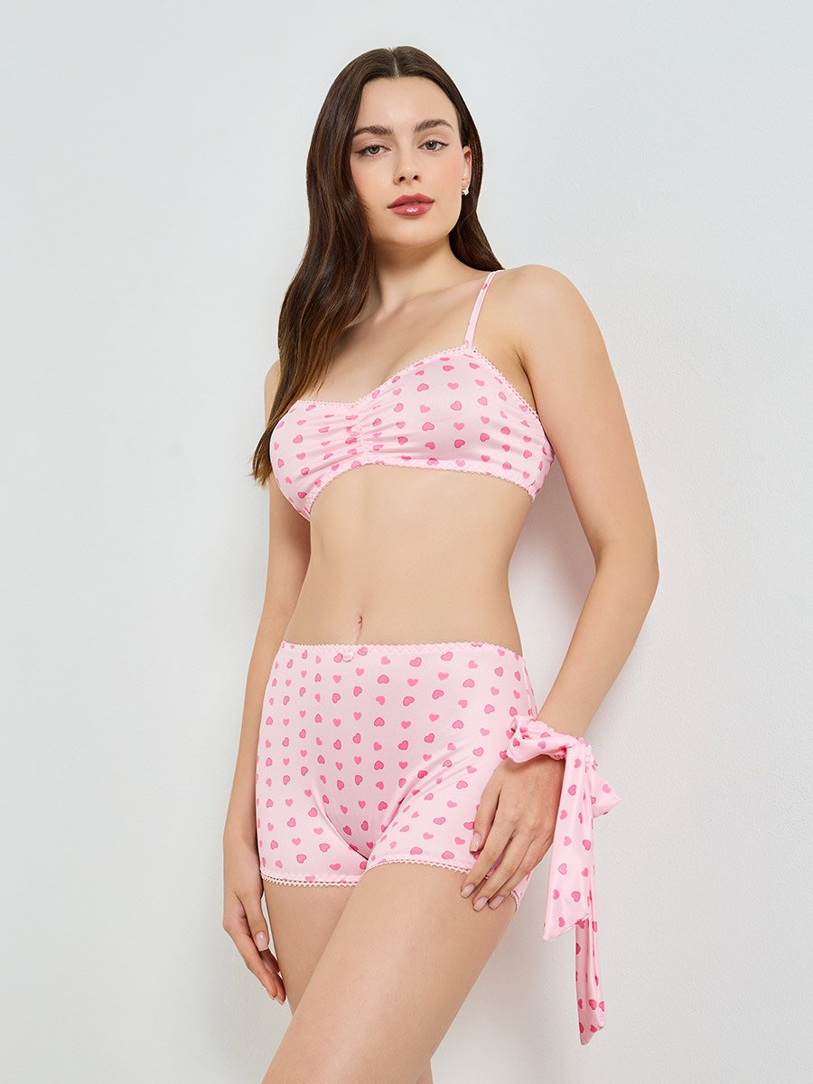 Pack of 3 - Heart Print Non Padded Bra, Boy-shorts, and Scrunchie Set
