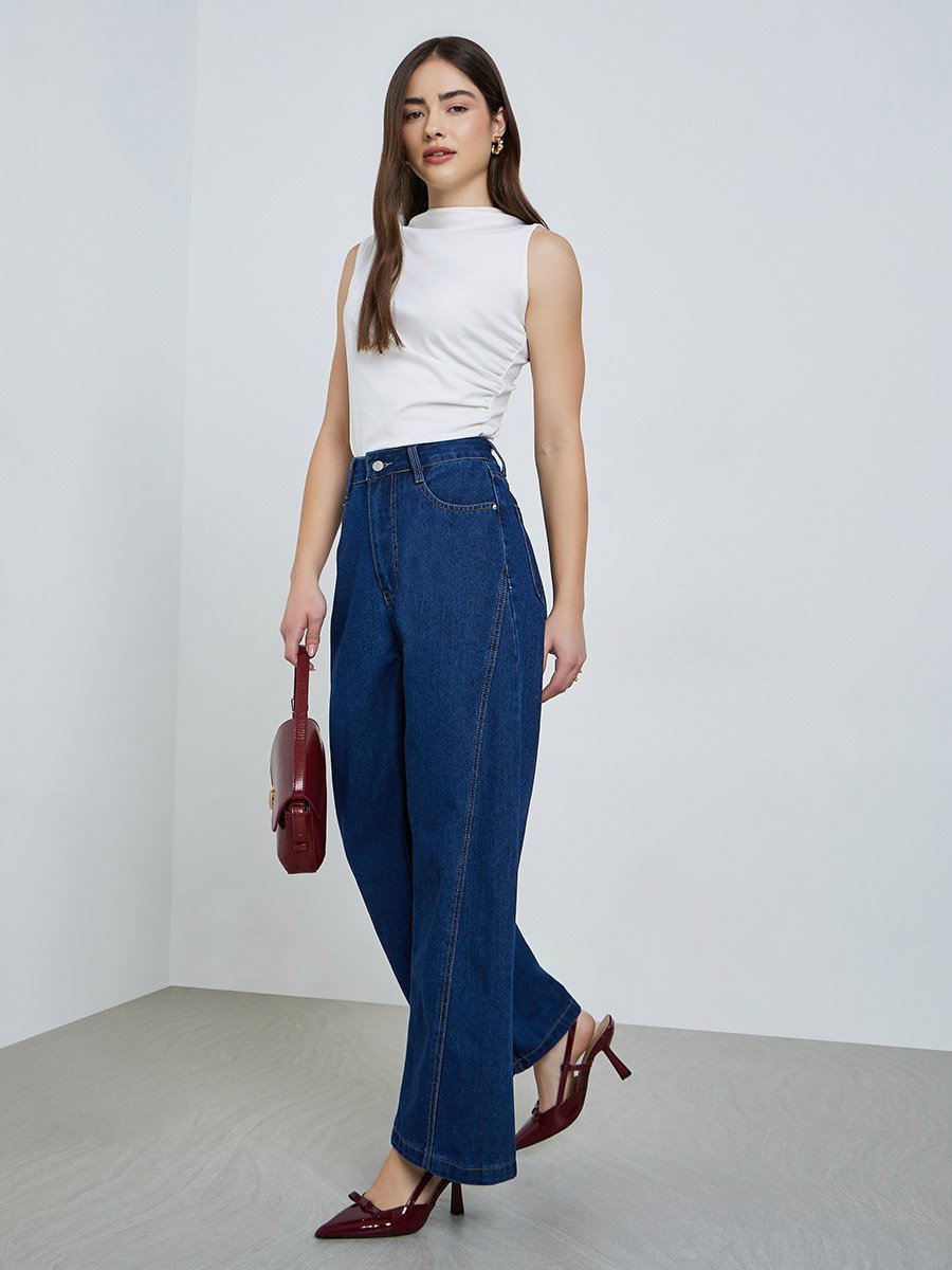 Women Wide Leg Cut and Sew Panel Jeans