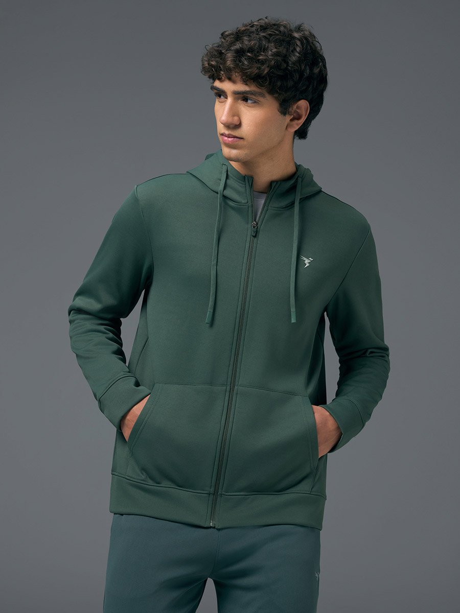 Men Solid Slim Fit Hooded Sports Jacket with TECHNOWARM