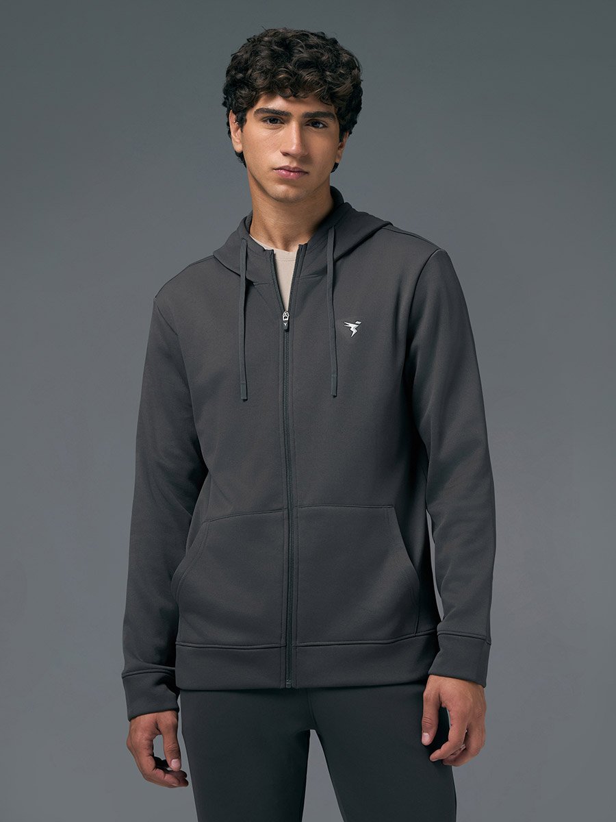 Men Solid Slim Fit Hooded Sports Jacket with TECHNOWARM