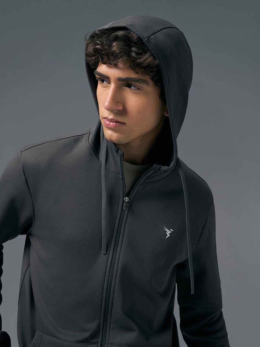 Men Solid Slim Fit Hooded Sports Jacket with TECHNOWARM