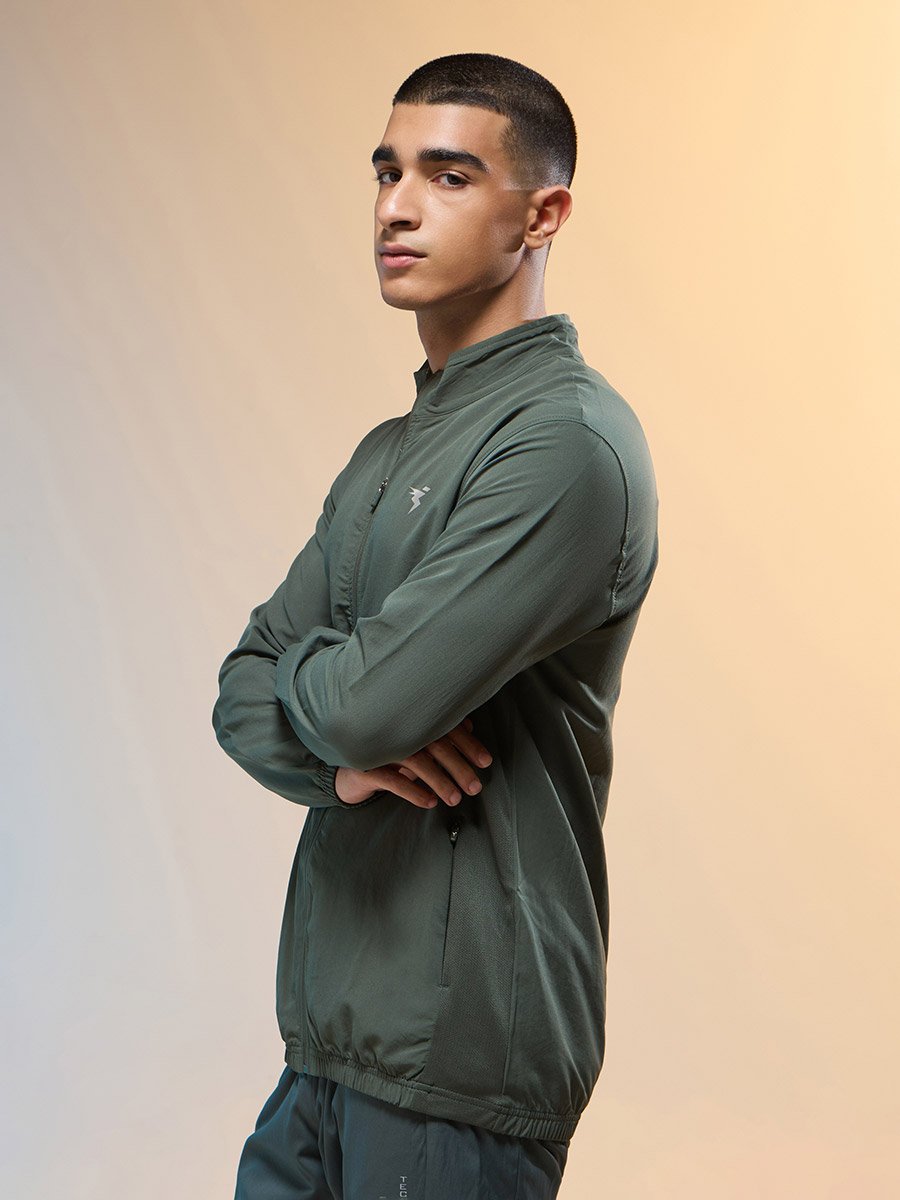 Men Solid Slim Fit Mock Neck Sports Jacket with TECHNOLITE