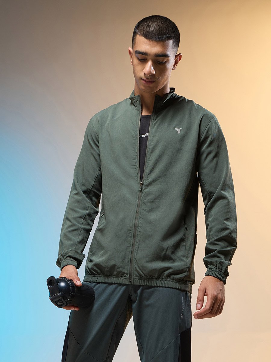 Men Solid Slim Fit Mock Neck Sports Jacket with TECHNOLITE