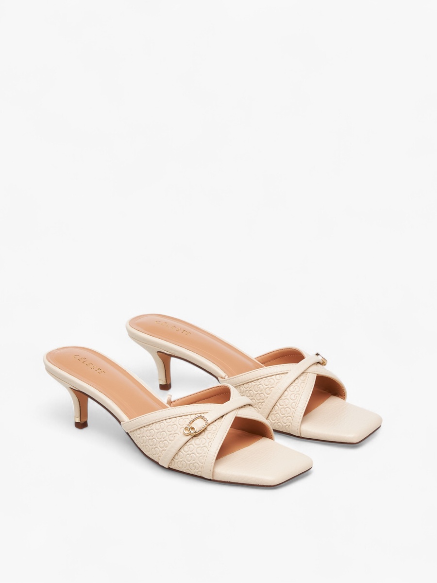 Women Monogram Embossed Slip-On Sandals with Kitten Heels