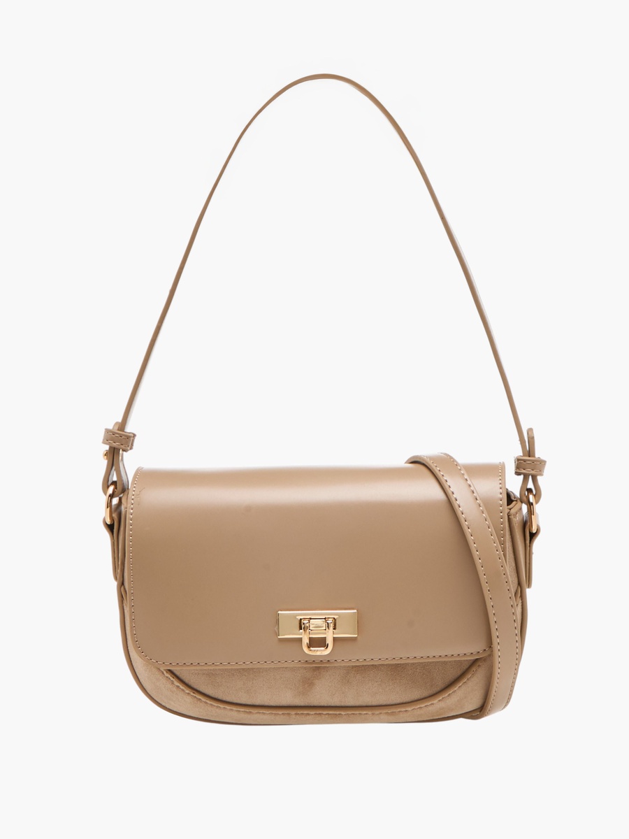 Solid Crossbody Bag with Twist Lock Closure - W 16.5 x D 22 x H 5.5 cm