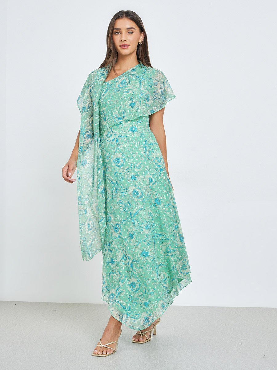 Green Asymmetric Hem Draped Maxi Dress