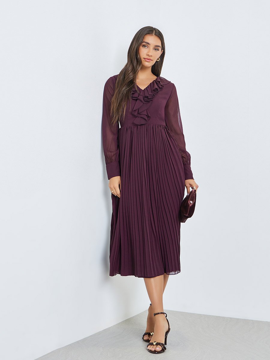 Brown Pleated Midi Dress with Ruffle Detail