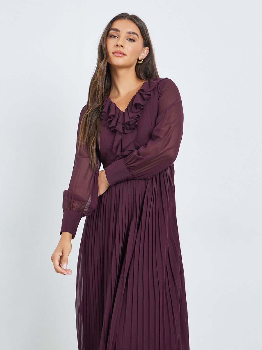 Brown Pleated Midi Dress with Ruffle Detail