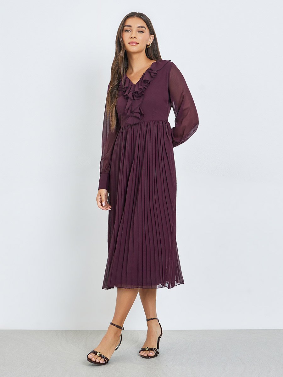 Brown Pleated Midi Dress with Ruffle Detail