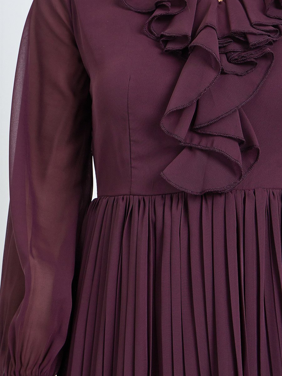 Brown Pleated Midi Dress with Ruffle Detail
