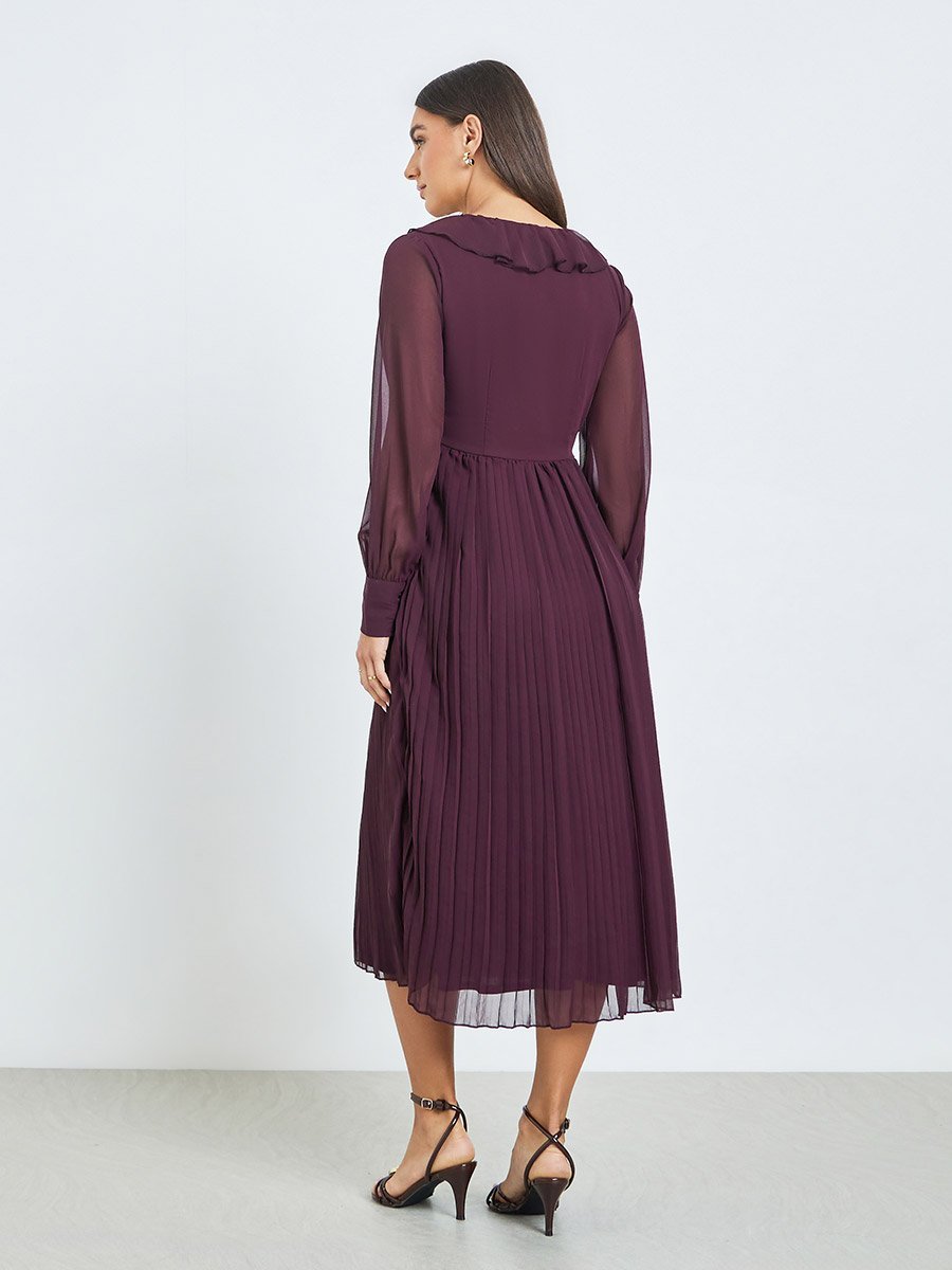 Brown Pleated Midi Dress with Ruffle Detail