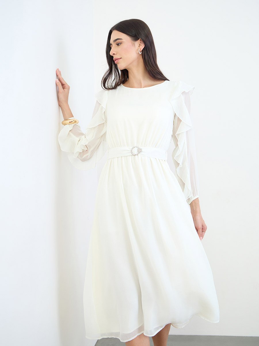 Off-White Ruffled Sleeve A-Line Midi Dress