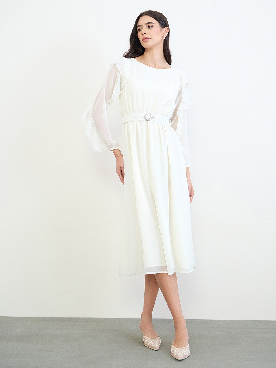 Off-White Ruffled Sleeve A-Line Midi Dress