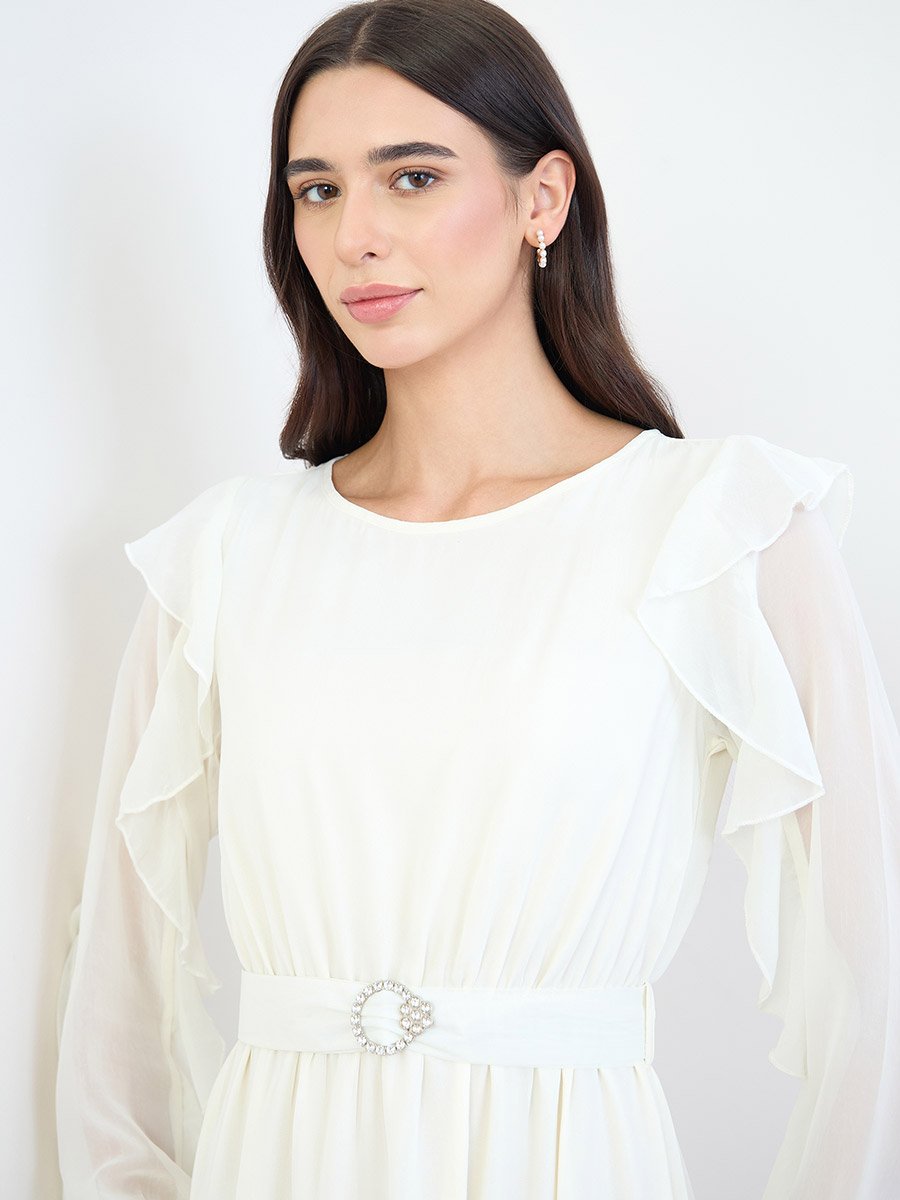 Off-White Ruffled Sleeve A-Line Midi Dress