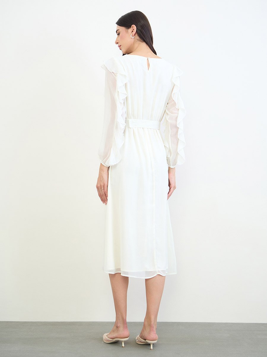 Off-White Ruffled Sleeve A-Line Midi Dress