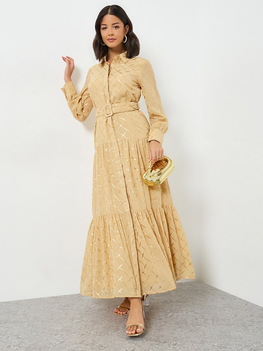Beige Foil Print Belted Maxi Dress