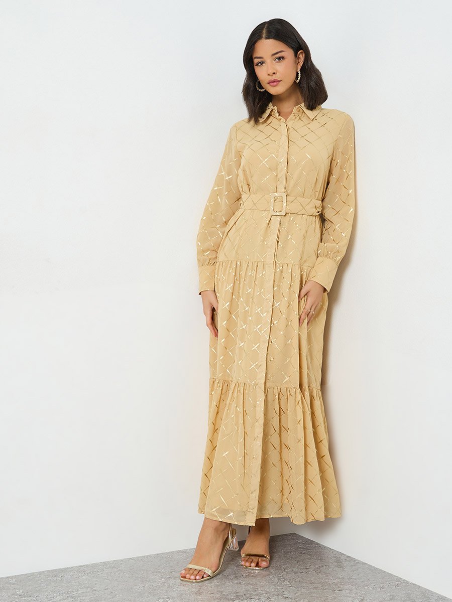 Beige Foil Print Belted Maxi Dress