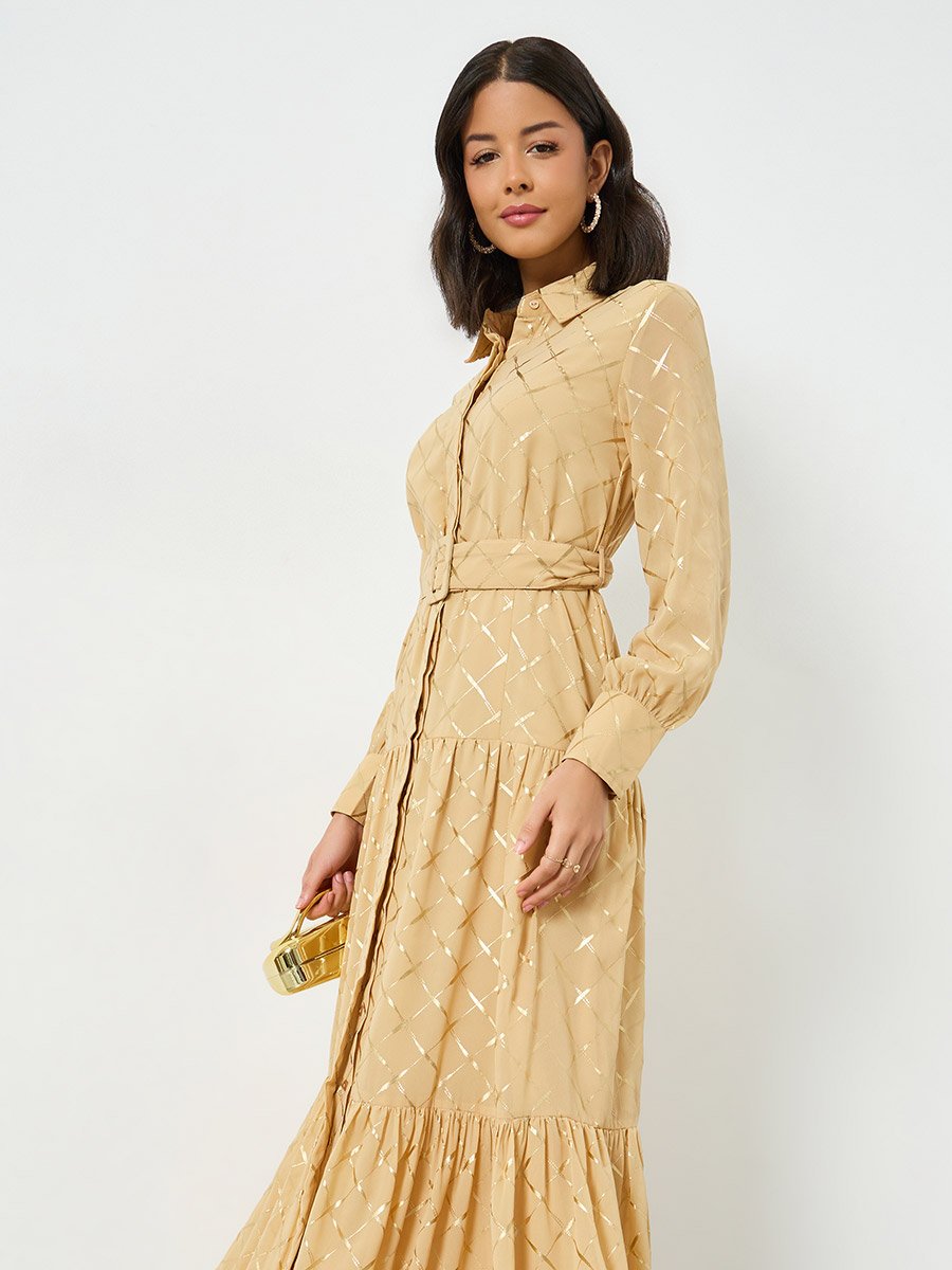 Beige Foil Print Belted Maxi Dress