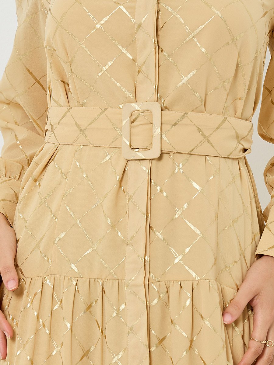 Beige Foil Print Belted Maxi Dress
