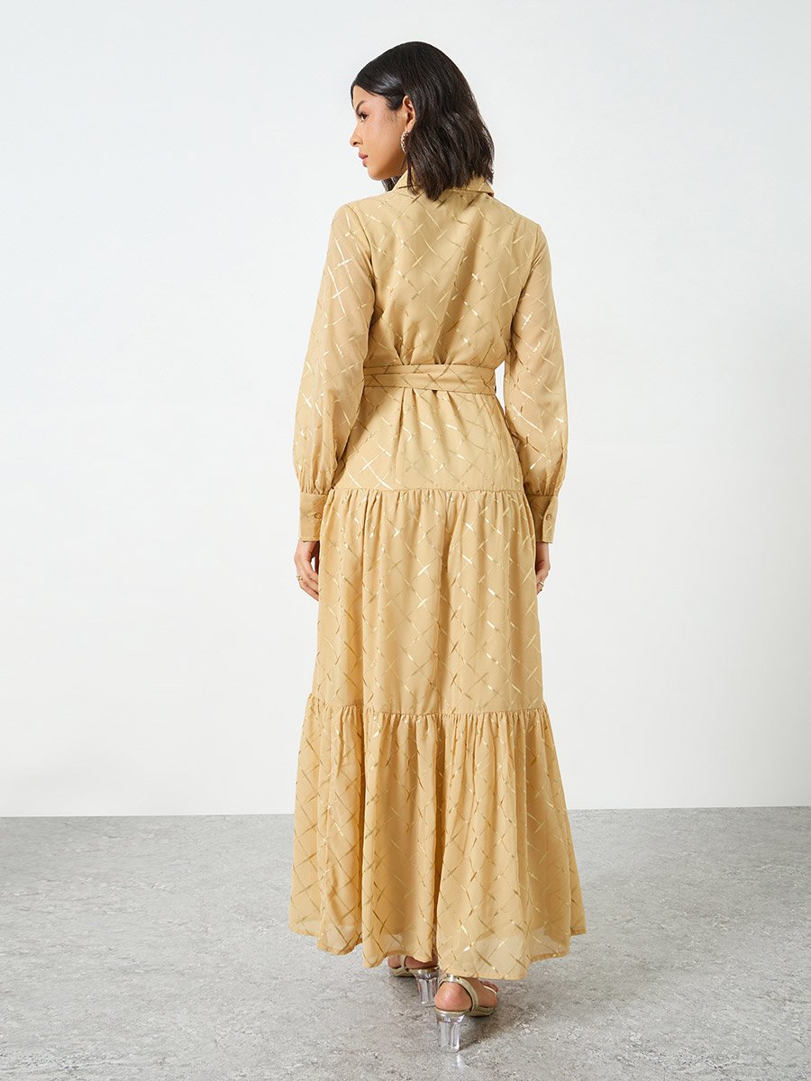 Beige Foil Print Belted Maxi Dress