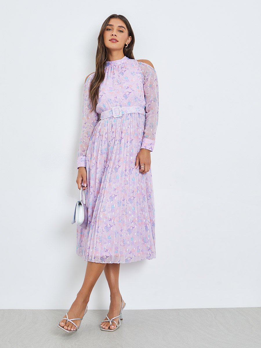 Lilac Chiffon Dobby Pleated Mid Dress