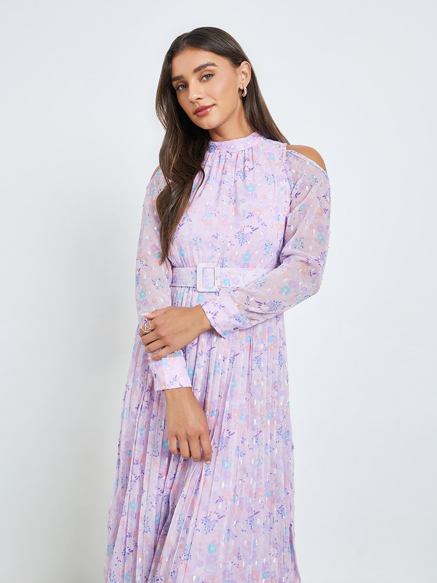 Lilac Chiffon Dobby Pleated Mid Dress