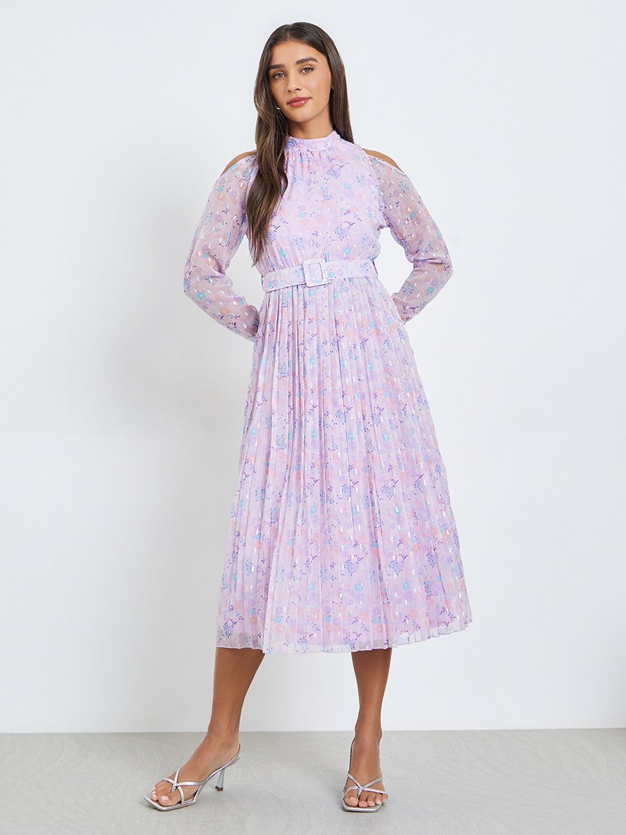 Lilac Chiffon Dobby Pleated Mid Dress