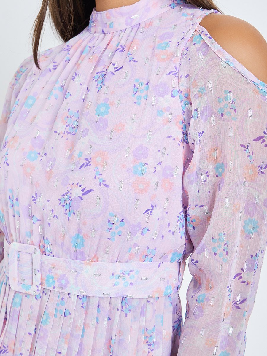 Lilac Chiffon Dobby Pleated Mid Dress