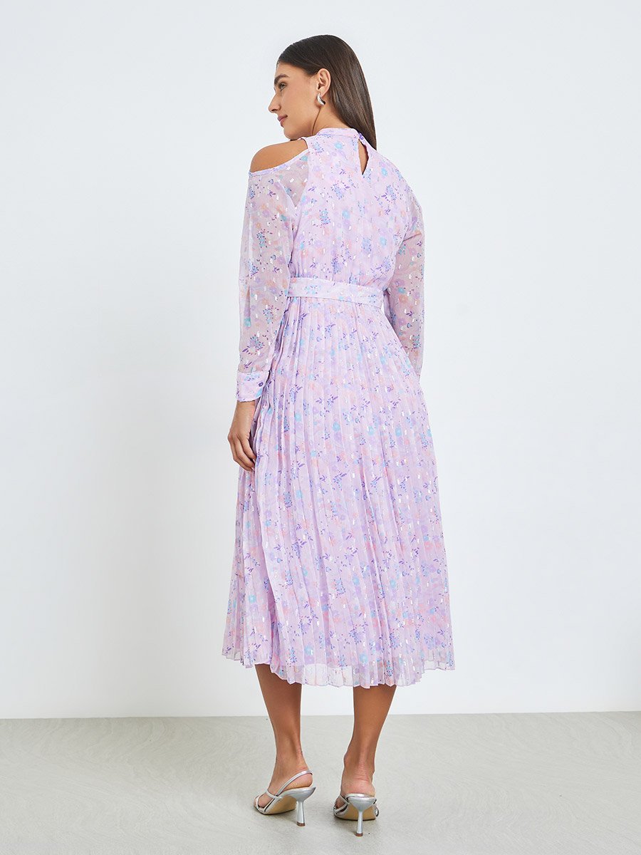 Lilac Chiffon Dobby Pleated Mid Dress
