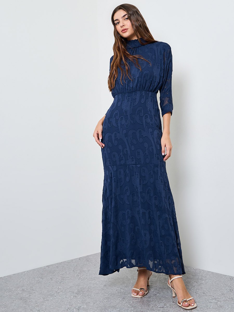 Navy Blue Jacquard A-Line Maxi Dress