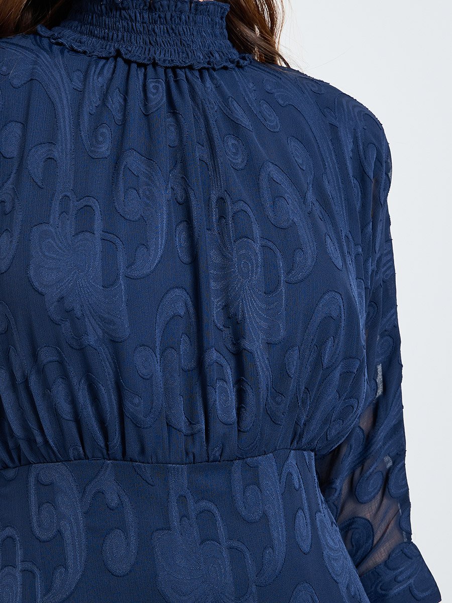Navy Blue Jacquard A-Line Maxi Dress