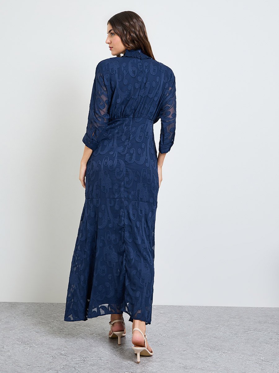 Navy Blue Jacquard A-Line Maxi Dress