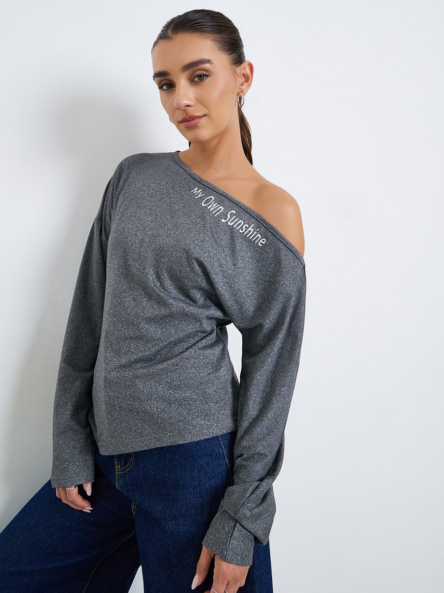 Women Asymmetric Neck Printed T-Shirt