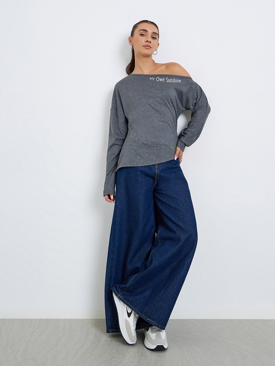 Women Asymmetric Neck Printed T-Shirt