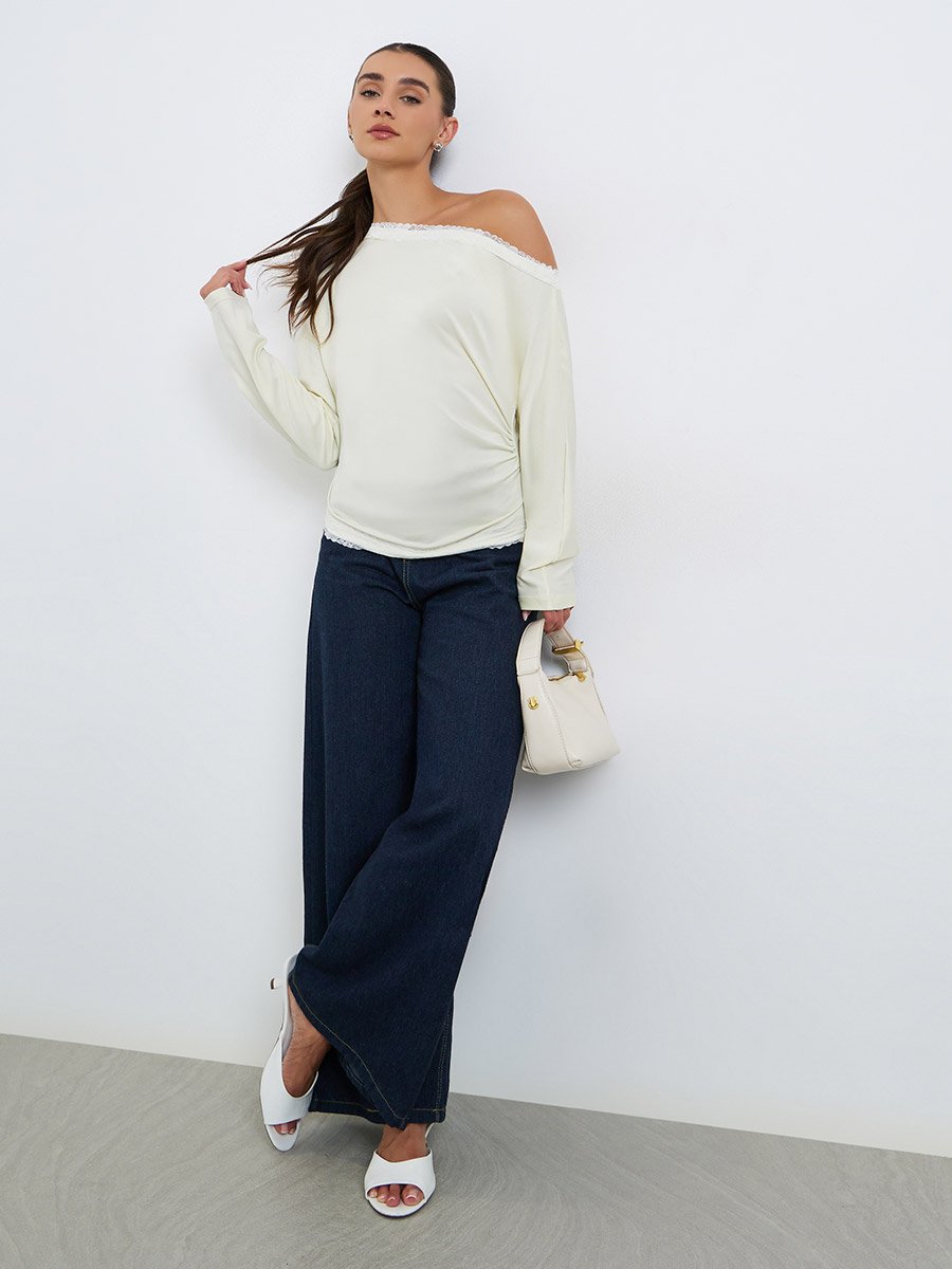 Women Lace Trim Asymmetric Neck T-Shirt