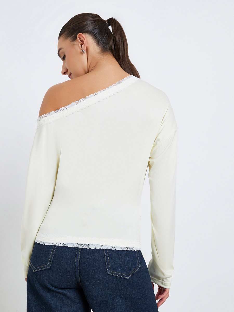 Women Lace Trim Asymmetric Neck T-Shirt
