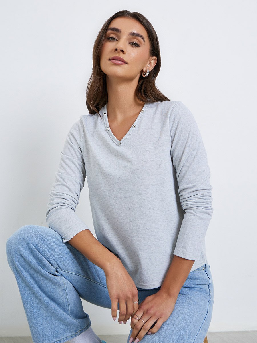 Women V Neck T-Shirt with Button Detail