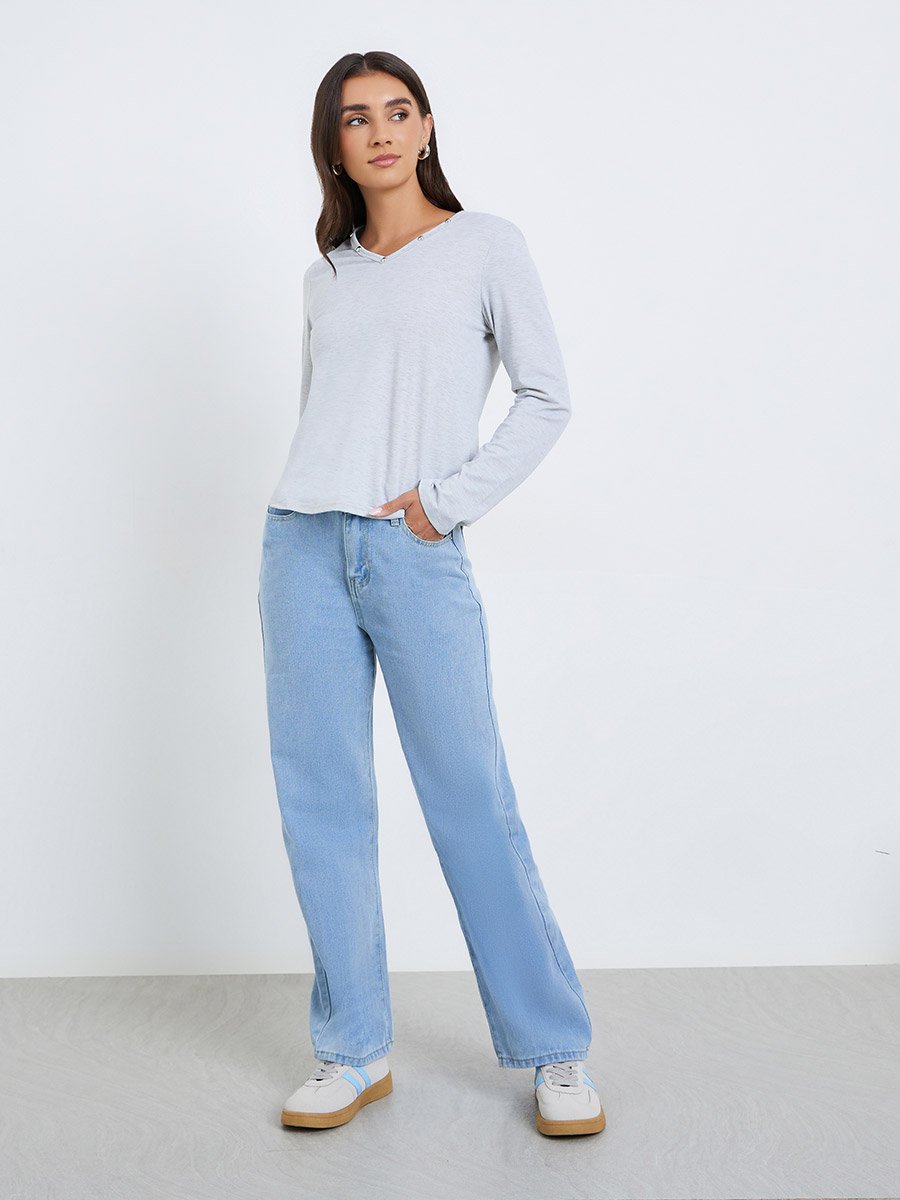 Women V Neck T-Shirt with Button Detail