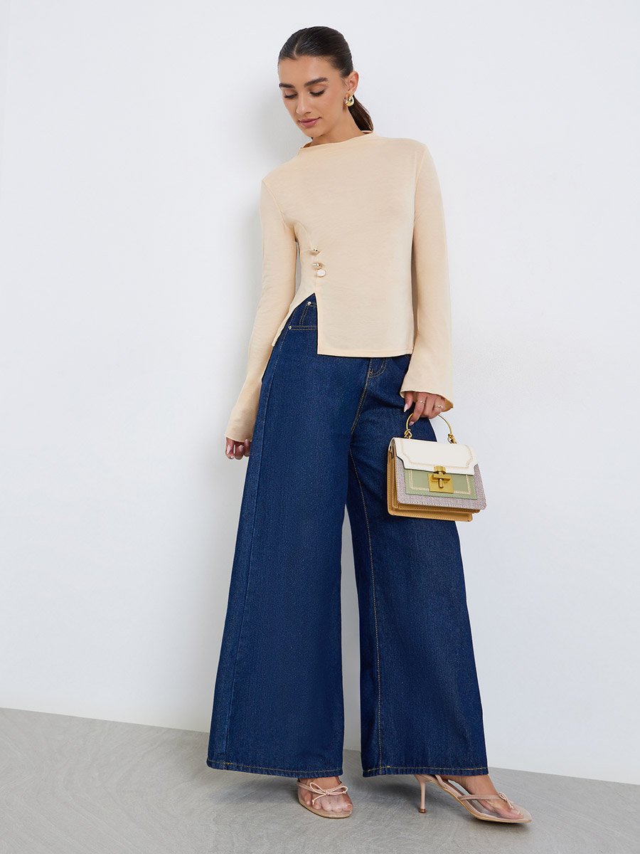 Women Slit Hem Button Detail T-Shirt
