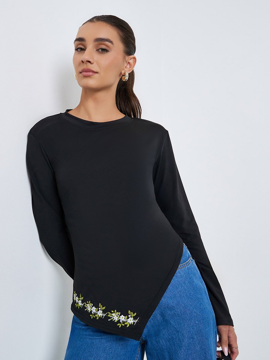 Women Asymmetric Hem Long Sleeve T-Shirt