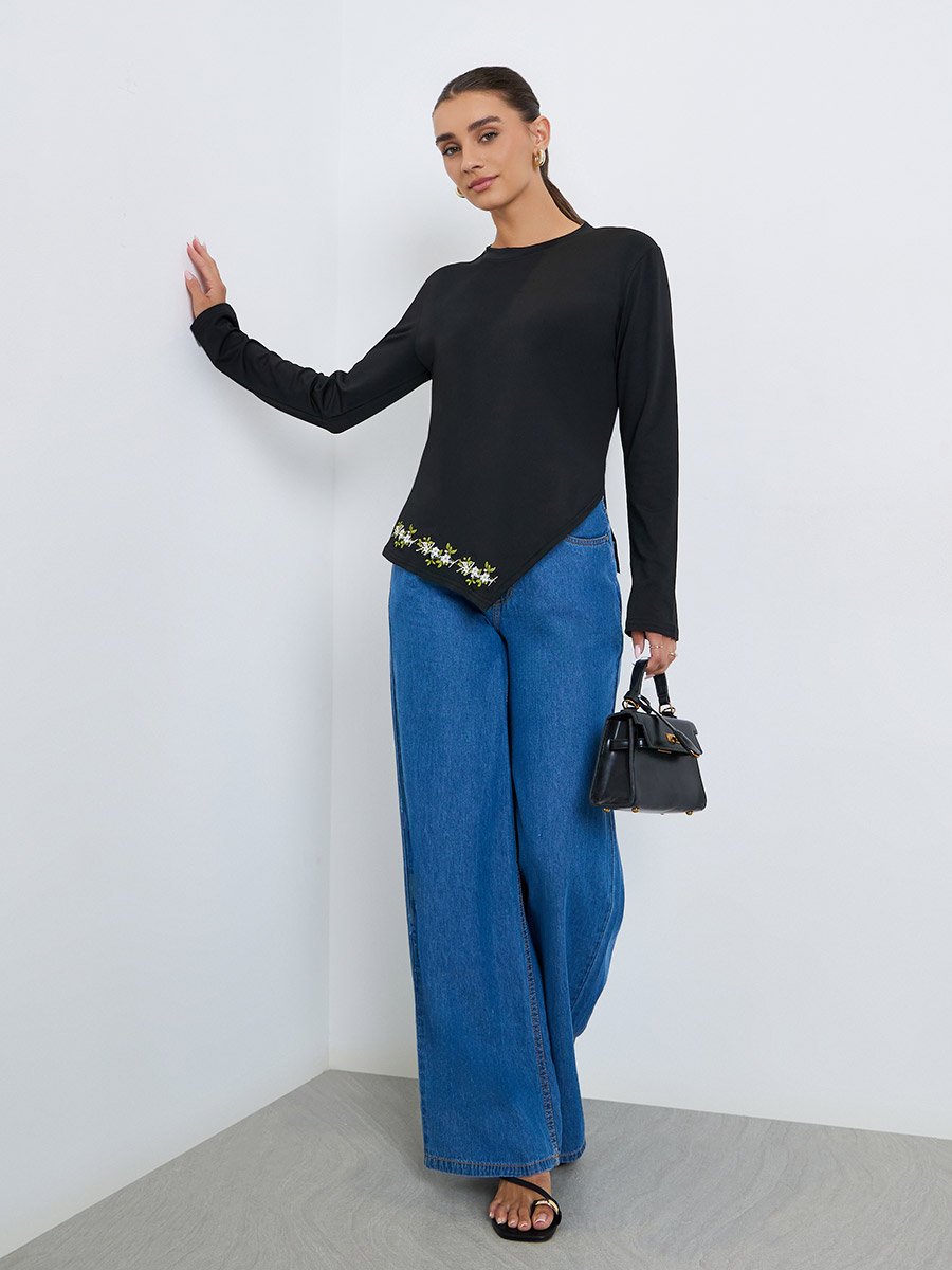 Women Asymmetric Hem Long Sleeve T-Shirt
