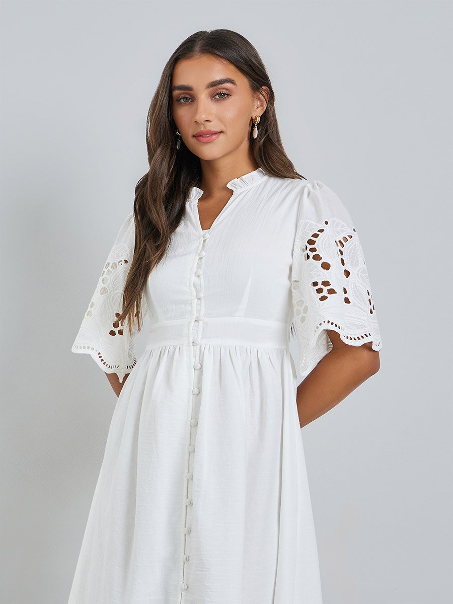 White Cotton Schiffli Midi Dress