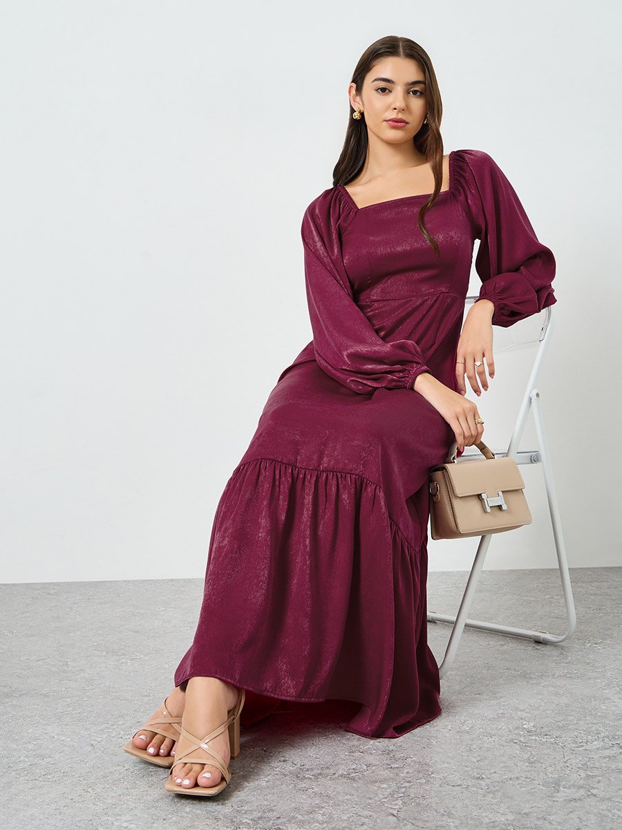 Burgundy Velvet Satin A-Line Maxi Dress 