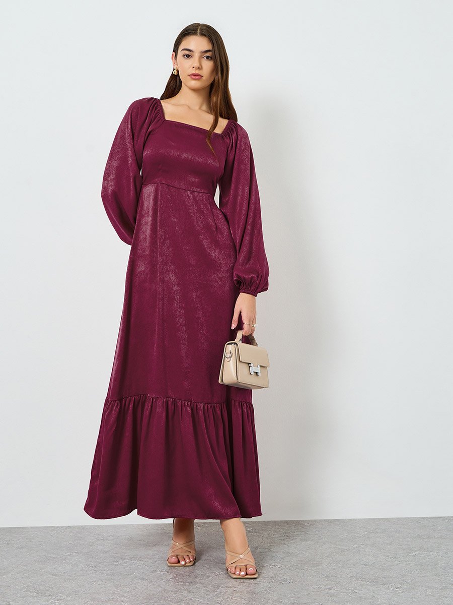 Burgundy Velvet Satin A-Line Maxi Dress 