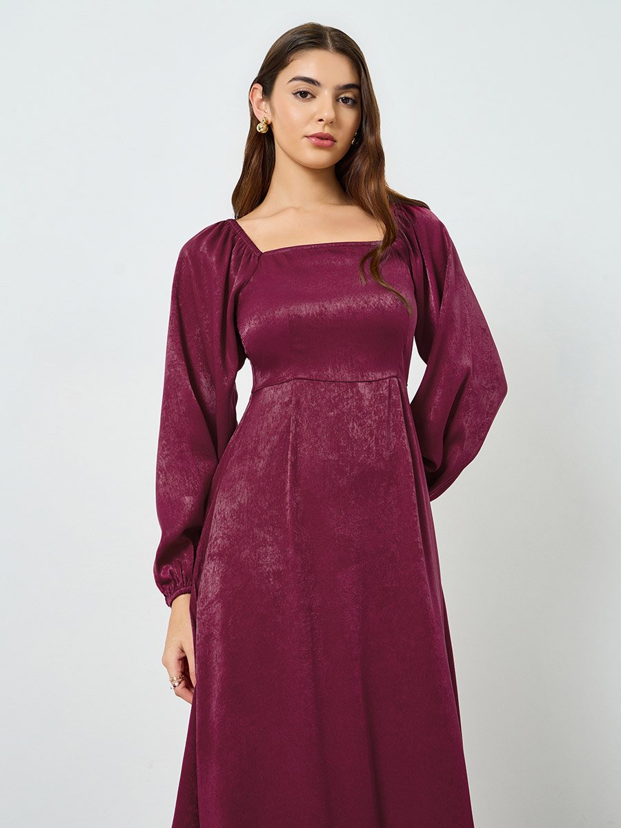 Women Burgundy Velvet Satin A-Line Maxi Dress For Women at Kuwait | Styli Women Burgundy Velvet Satin A-Line Maxi Dress For Women at Kuwait | Styli