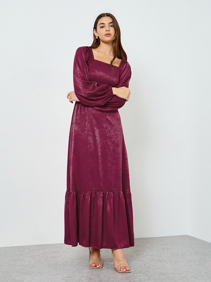 Burgundy Velvet Satin A-Line Maxi Dress 